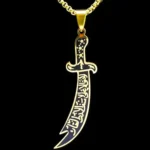 Model wearing Imam Ali Zulfiqar necklace with Arabic calligraphy