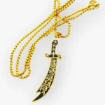 Detailed Arabic calligraphy on Imam Ali Zulfiqar necklace pendant